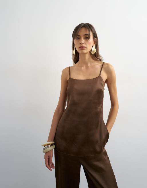Topshop satin clean cami co-ord in chocolate, 3 of 4