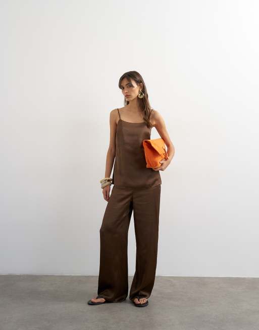 Topshop satin clean cami in chocolate (part of a set), 2 of 4