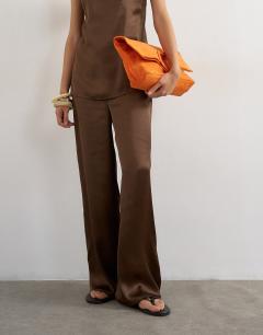 Model wearing Satin clean wide leg trouser co-ord in chocolate