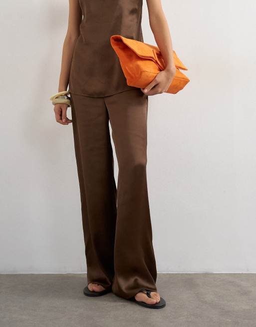Topshop satin clean wide leg trouser co-ord in chocolate, 4 of 5