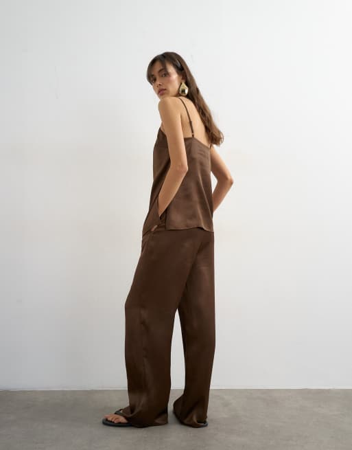 Topshop satin clean wide leg trouser co-ord in chocolate, 5 of 5