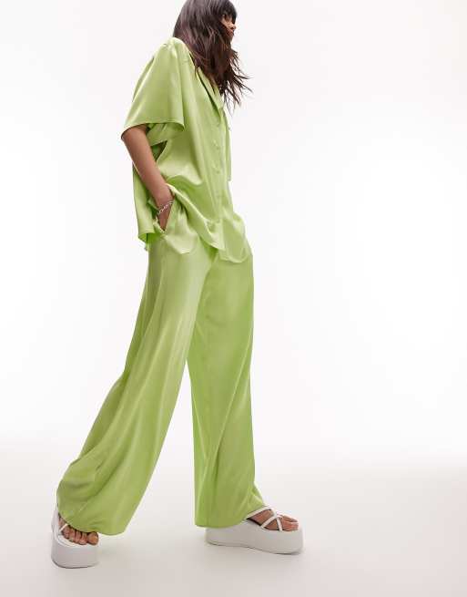 Topshop satin cord waist wide leg pants in lime (part of a set)