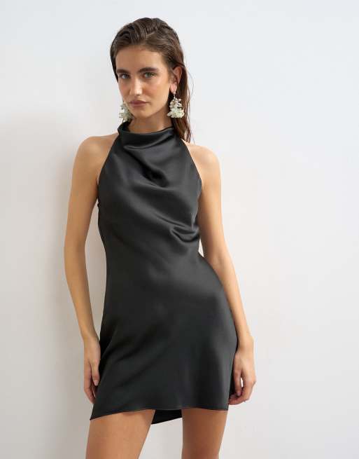 Topshop satin cowl halter mini dress in black, 4 of 4