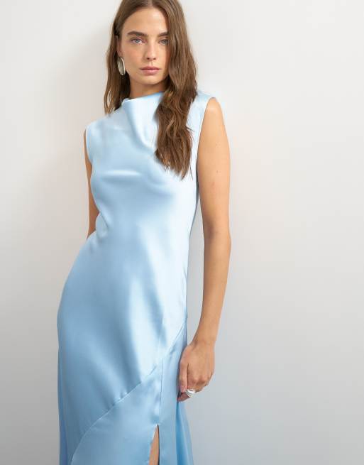 Topshop satin cowl neck maxi dress in light blue, 3 of 4
