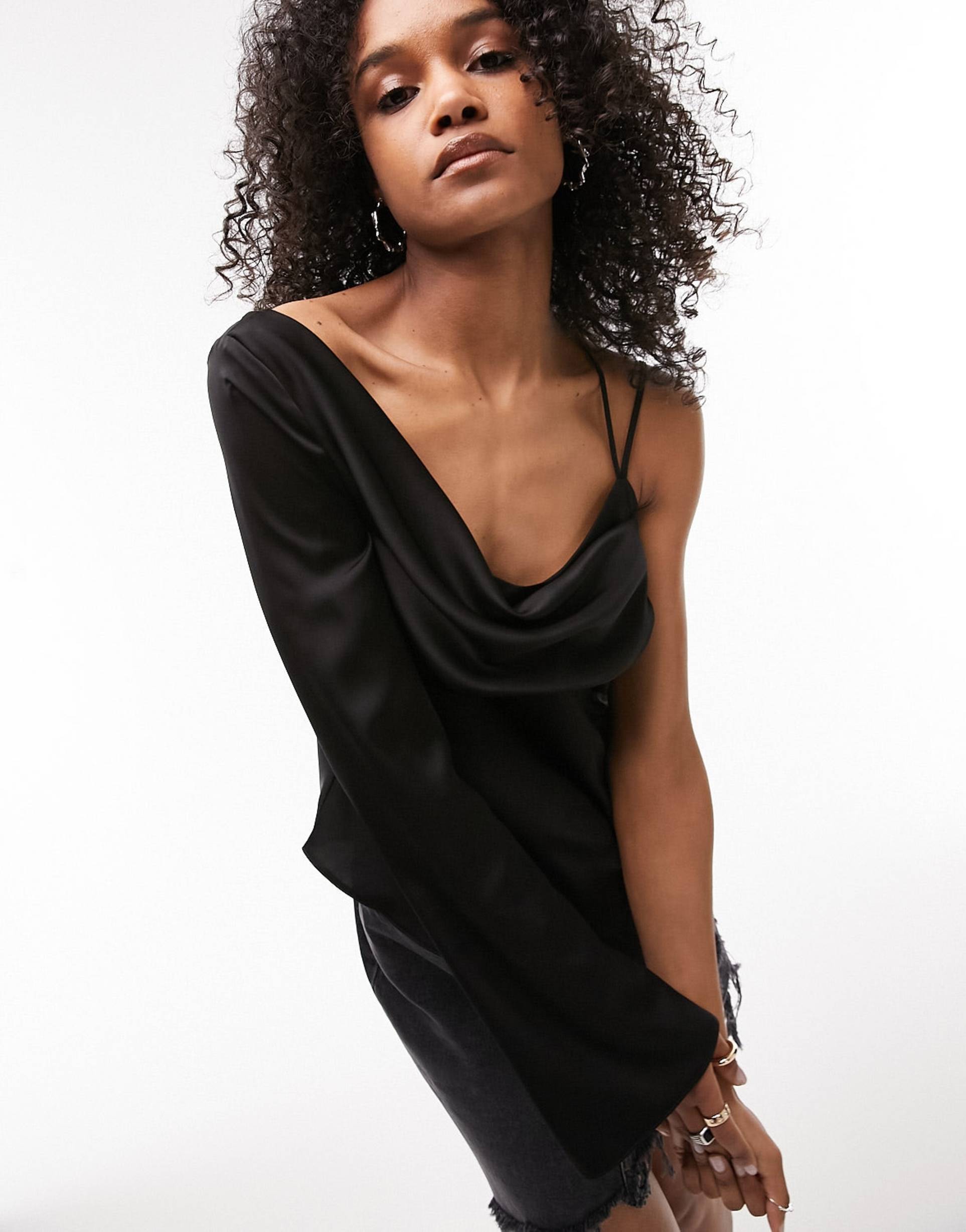 topshop satin cowl neck one shoulder top in black