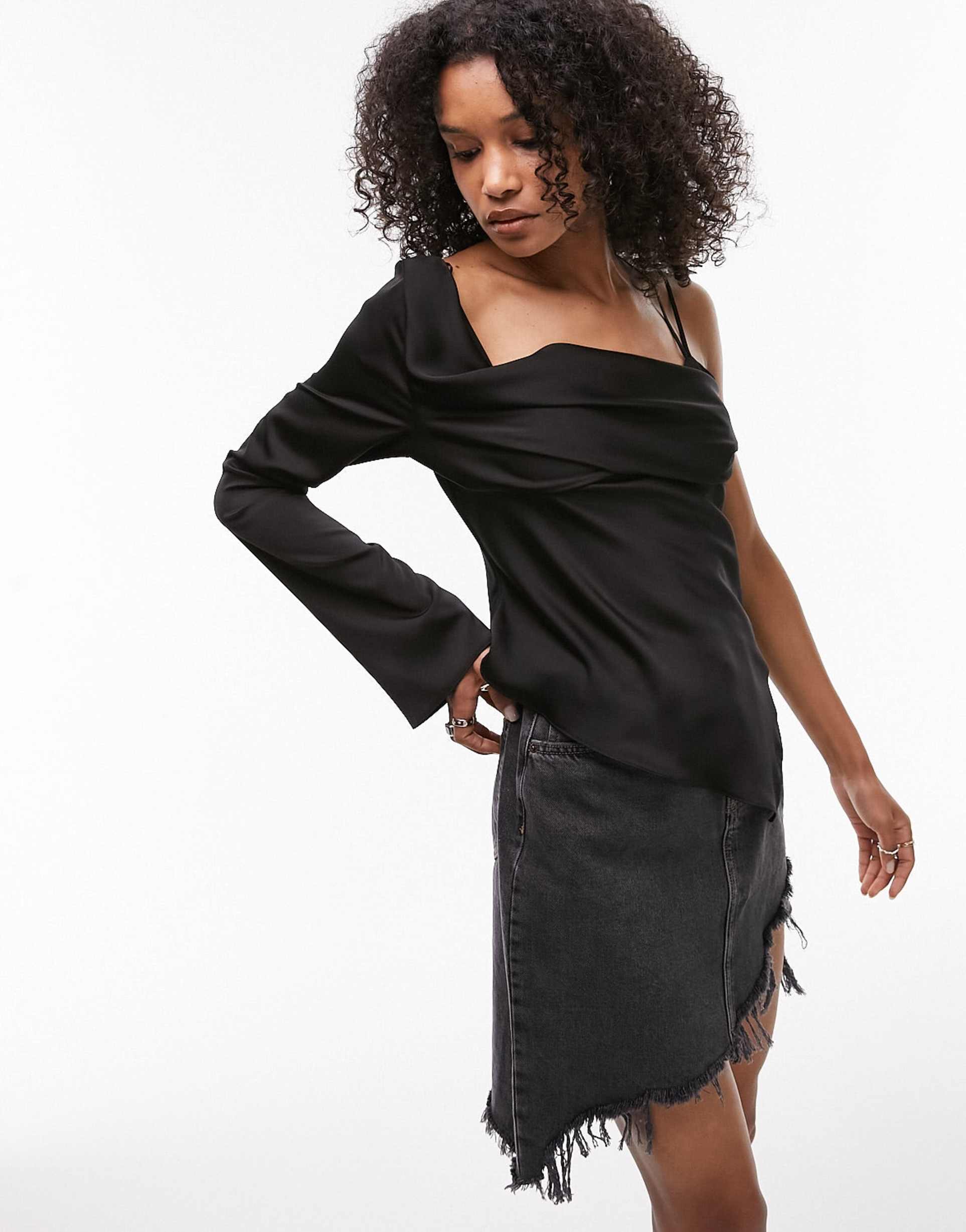 topshop satin cowl neck one shoulder top in black