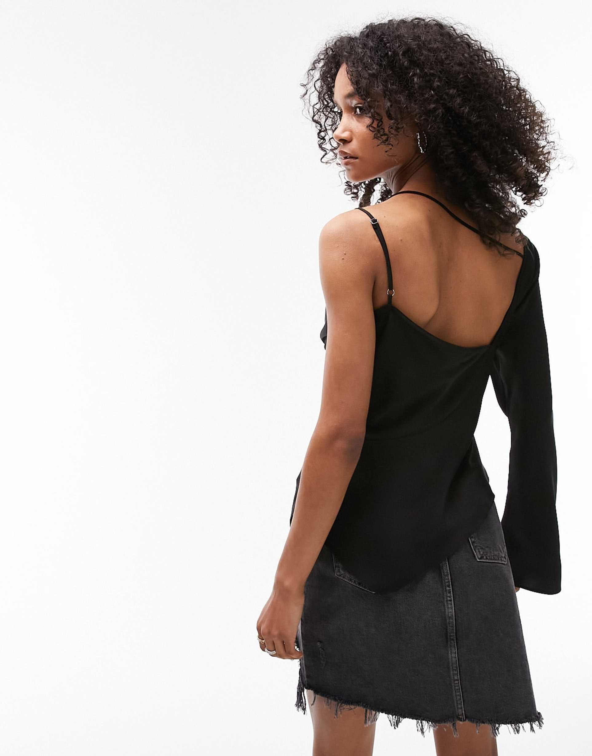 topshop satin cowl neck one shoulder top in black