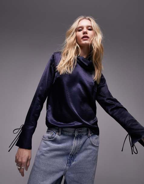 Topshop satin crinkle high neck top in indigo