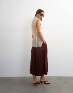 Model wearing Satin culotte in chocolate