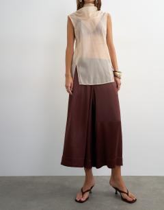 Model wearing Satin culotte in chocolate