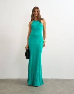 Model wearing Satin cut away racer neck full skirt maxi dress in green