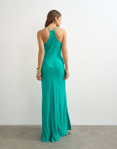Model wearing Satin cut away racer neck full skirt maxi dress in green