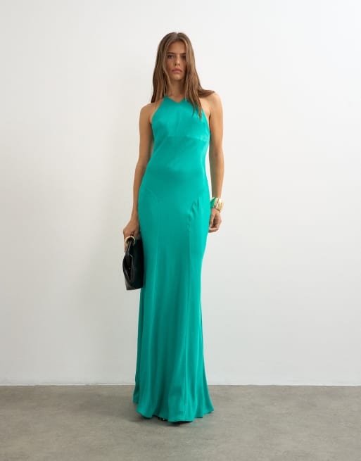 topshop green silk dress satin cut away racer neck full skirt maxi in Organic cotton