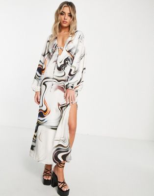 Topshop satin cut out midi dress in abstract marble print - ASOS Price Checker