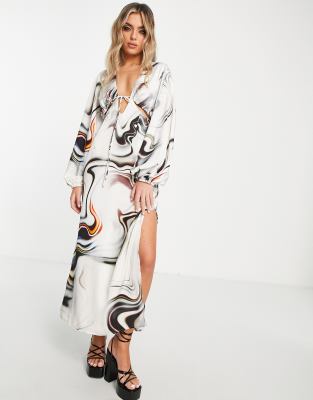 Topshop satin cut out midi dress in abstract marble print - ASOS Price Checker