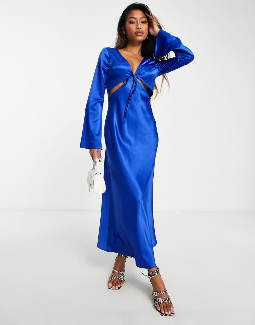 Topshop satin cut out midi dress in blue