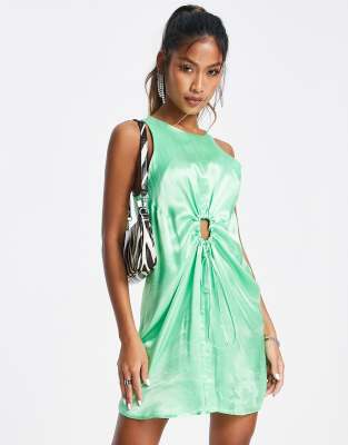 TOPSHOP SATIN CUT OUT RUCH MINI DRESS IN APPLE-GREEN