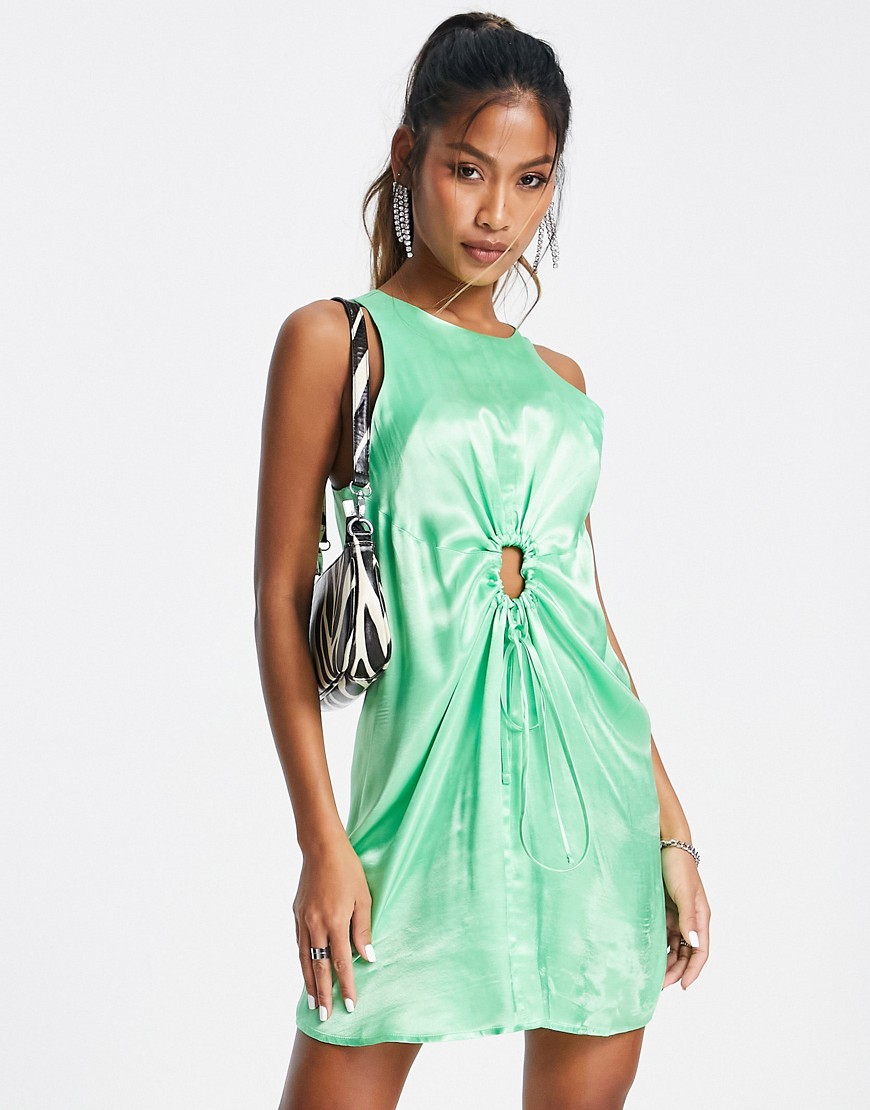 satin cut out ruch mini dress in apple-Green