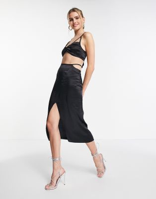 Shop Topshop Satin Cutout Midi Skirt In Black - Part Of A Set