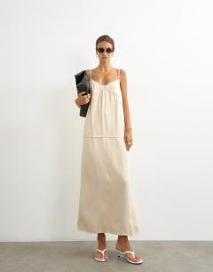 Satin double layered cami maxi dress with seam details in stone