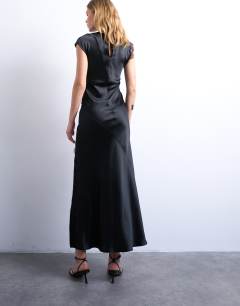 Model wearing Satin drape neck maxi dress with lace trim in black