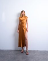 Topshop satin drape neck maxi dress with lace trim in caramel