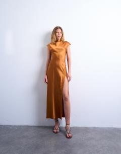 Model wearing Satin drape neck maxi dress with lace trim in caramel