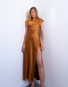 Model wearing Satin drape neck maxi dress with lace trim in caramel