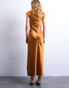 Model wearing Satin drape neck maxi dress with lace trim in caramel
