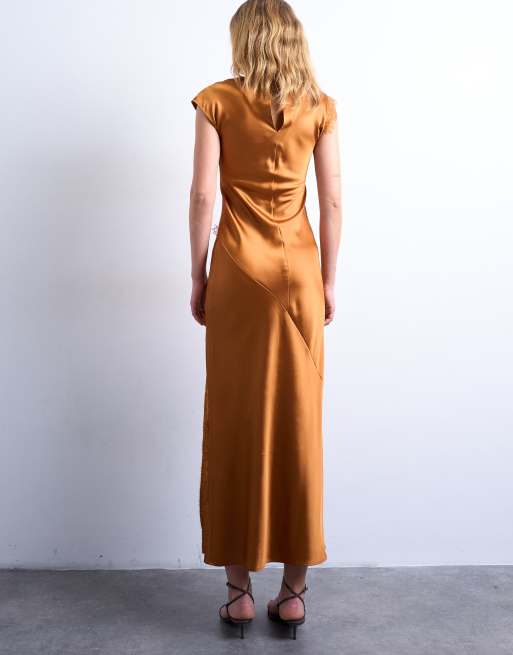 Topshop satin drape neck maxi dress with lace trim in caramel