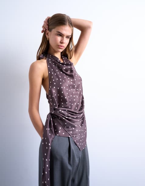 Topshop satin draped cowl neck top in polka dot