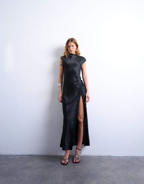 Topshop satin draped neck maxi dress with lace trim in black - view 1