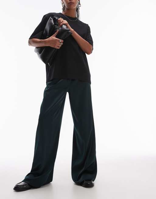 Topshop satin drawcord pants in forest green