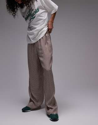 satin drawcord wide leg check pants in neutral - part of a set