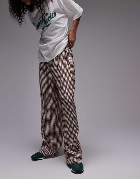 Topshop satin drawcord wide leg check pants in neutral (Part of a set) - view 1