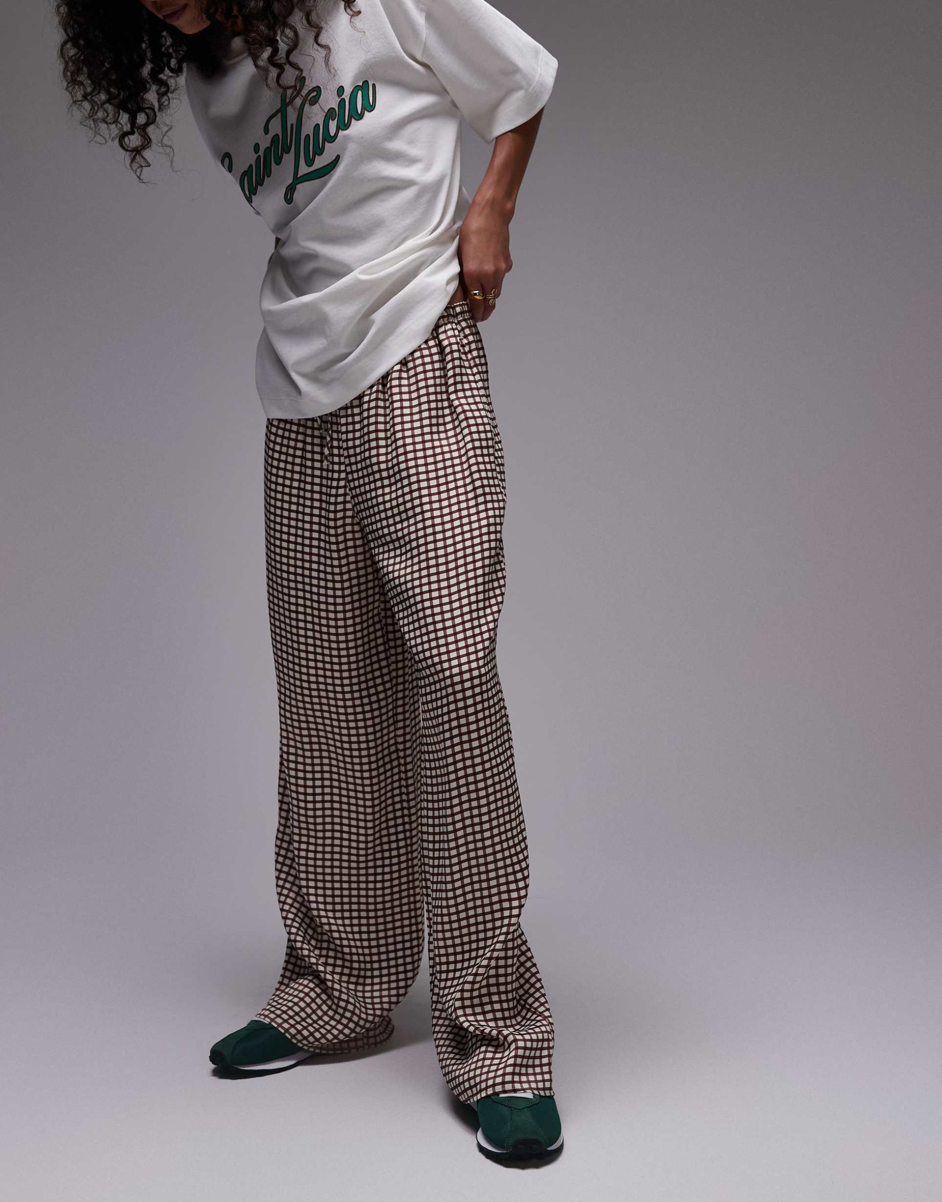 topshop satin drawcord wide leg check pants in neutral - part of a set