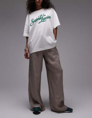 Topshop satin drawcord wide leg check pants in neutral - part of a set