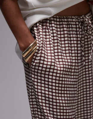 Topshop satin drawcord wide leg check pants in neutral - part of a set