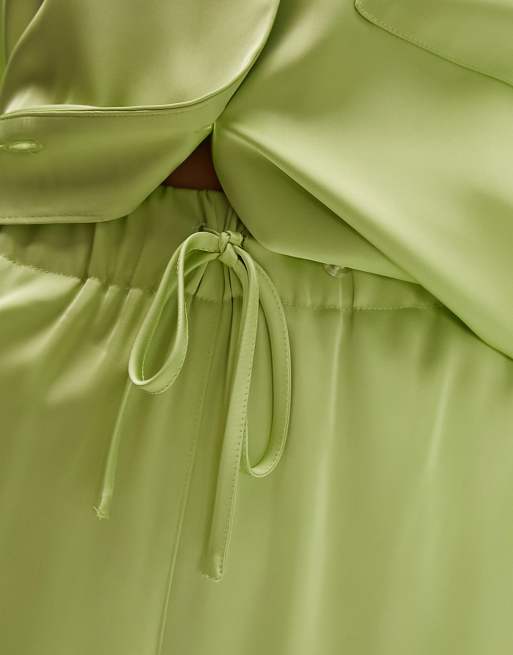Topshop satin drawstring waist wide leg pants in lime - part of a set | ASOS