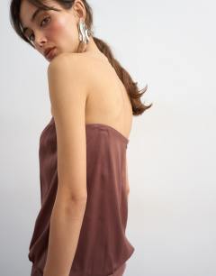 Model wearing Satin dropped waist blouson bandeau in chocolate brown