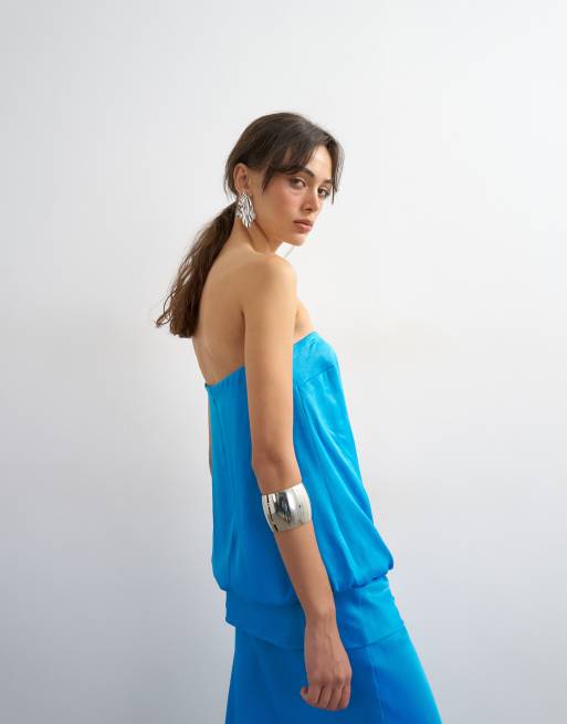 Topshop satin dropped waist blouson bandeau maxi dress in blue, 2 of 4