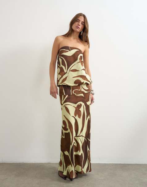 Topshop satin dropped waist blouson bandeau maxi dress in brown floral - view 1