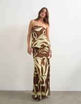 Topshop satin dropped waist blouson bandeau maxi dress in brown floral