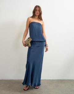 Model wearing Satin dropped waist blouson bandeau maxi dress in navy