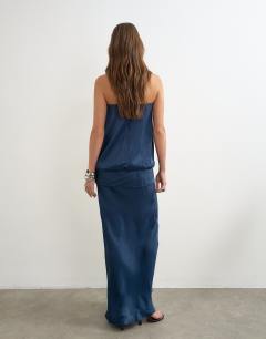 Model wearing Satin dropped waist blouson bandeau maxi dress in navy