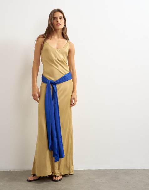 Topshop satin dropped waist maxi dress with contrast tie belt in gold and blue - view 1