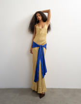 Topshop satin dropped waist maxi dress with contrast tie belt in gold and blue