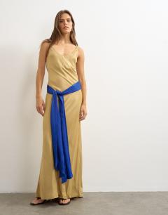Satin dropped waist maxi dress with contrast tie belt in gold and blue