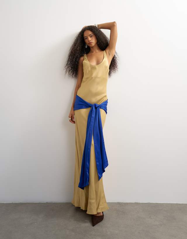 blue dress gold belt Topshop satin dropped waist maxi with contrast tie in and colour:Dark Red