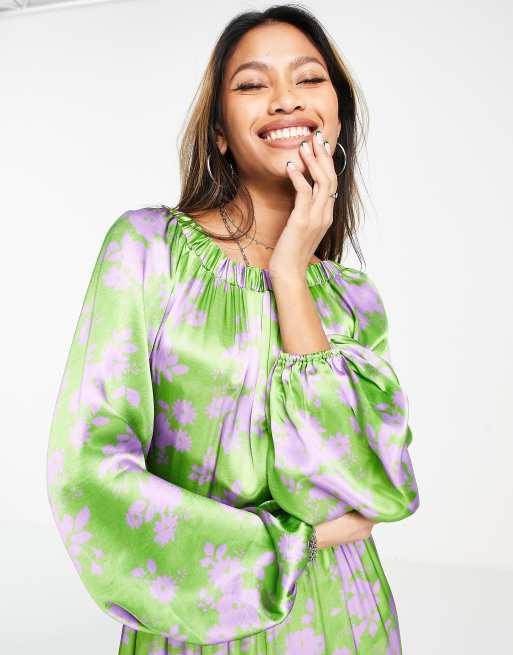 Topshop satin elastic back occasion midi dress in green and purple | ASOS